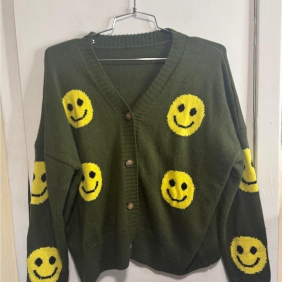 Smiley Face Olive Green Sweater - Picture 1 of 4
